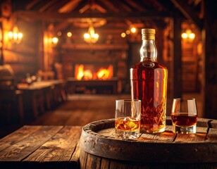 Amber liquid in glasses and bottle on wooden barrel in a rustic tavern interior.