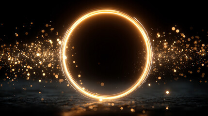 Dynamic glowing circle of light on dark background, luminous optical fiber effect, high-speed motion, futuristic 3D rendering, abstract technology, digital energy concept.