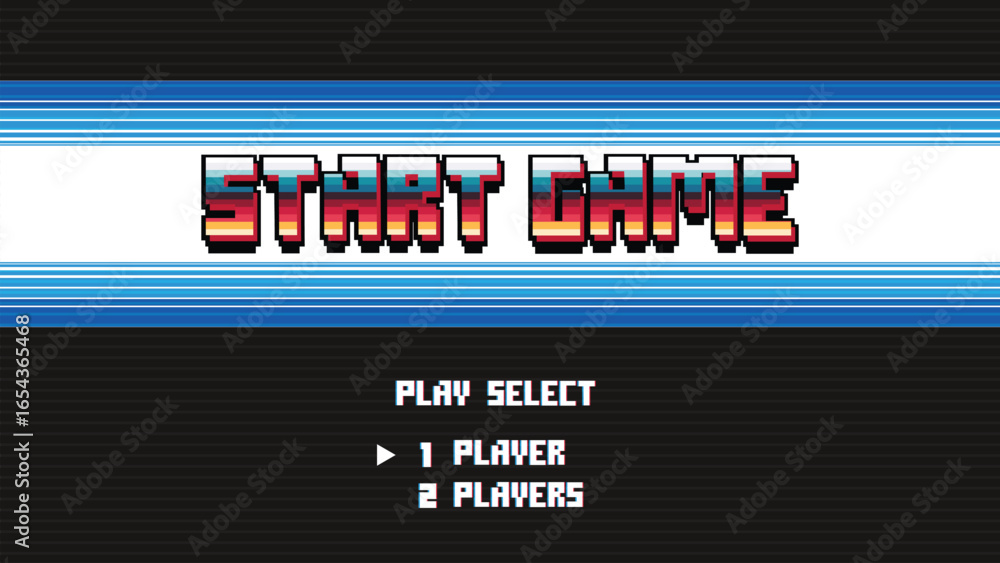 Poster pixel art game start screen. retro 8 bit video games starting options with press start button.