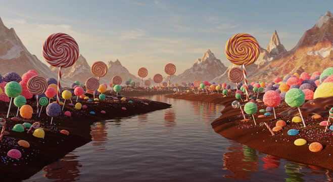 A whimsical landscape featuring a chocolate river flowing through a candy land with lollipops, gumdrops, and chocolate soil, set against a backdrop of snow-capped mountains.