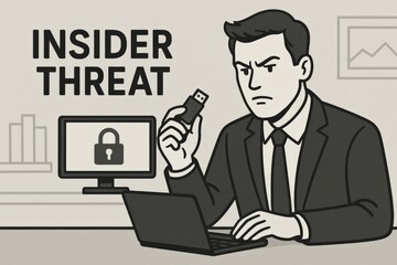 Businessman with USB posing insider threat. Use for IT security, cyber awareness, compliance training, corporate risk management.
