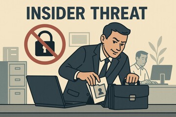Employee stealing documents as insider threat. Use for HR policies, compliance, fraud prevention, corporate training.
