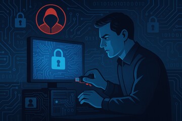 Man inserting USB in computer system. Use for cybercrime prevention, IT security, data protection, insider threat awareness.
