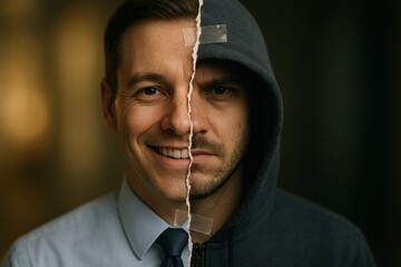 Split portrait of worker and hacker. Use for workplace compliance, insider threat awareness, IT fraud prevention, cybersecurity training. 