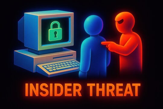 Retro neon computer with figures labeled insider threat. Use for cybersecurity blogs, IT training, fraud prevention, corporate awareness campaigns.

