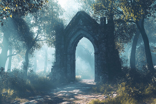 Mysterious stone gateway stands in a serene forest surrounded by tall trees on an overcast day