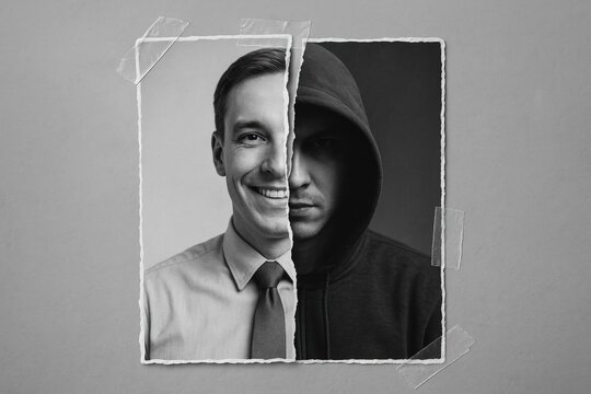 Black and white torn identity image. Use for compliance training, fraud awareness, IT campaigns, insider threat prevention.
