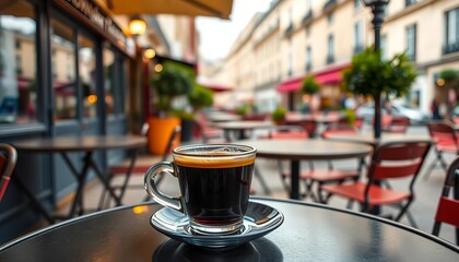 Dark espresso in small cup, Parisian cafe table outdoors,  drink,  crema