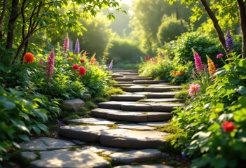 A sunlit garden path winding through vibrant blossoms.