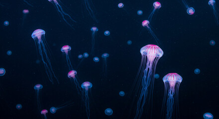 Naklejka premium A vibrant group of jellyfish swim in the deep, dark ocean, their translucent bodies illuminated with a soft pink glow.