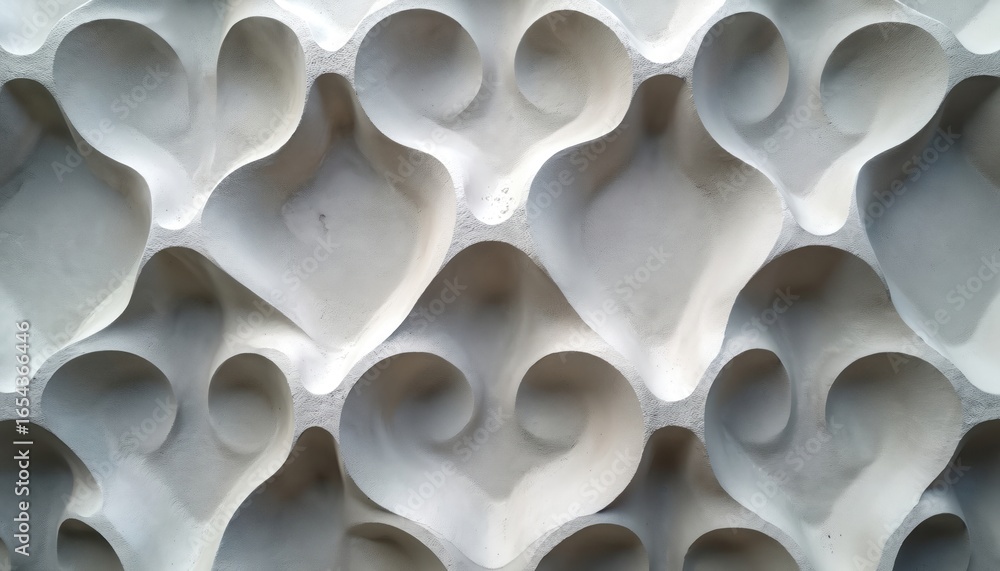 Poster abstract white concrete panels feature organic, three-dimensional carvings creating dynamic shadows,