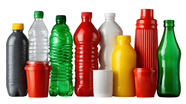 Colorful Array of Bottles: A vibrant ensemble of bottles, showcasing a spectrum of colors and shapes, aligned in a captivating display of recyclable materials, each with its unique form.