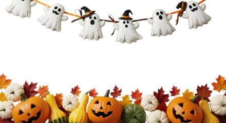 Adorable ghost garland and festive pumpkins with autumn leaves create a charming, whimsical Halloween border perfect for seasonal designs