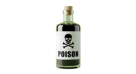 Gleaming glass bottle with cork stopper contains dark liquid, featuring a stark skull and crossbones warning label reading POISON.