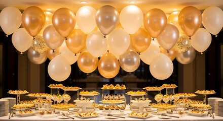 Elegant Party Decor Champagne & White Balloons & Dessert Table