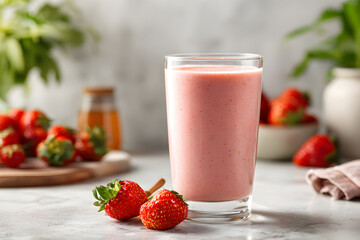 Strawberry Smoothie in Glass with Fresh Berries