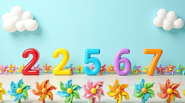 Colorful playful background with repeating numbers from 2 to 7 each number in bright bold color