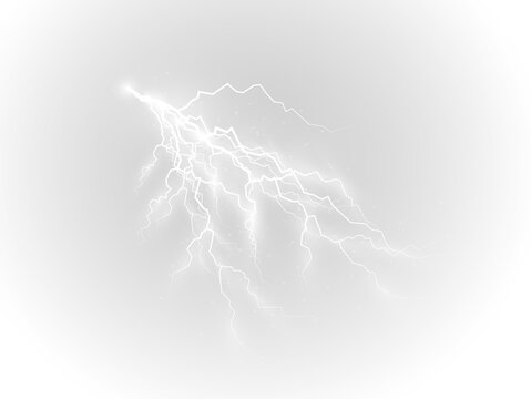 PNG realistic lightning bolt with bright flare and electric spark on dark sky featuring thunderstorm energy flash blue glow powerful nature strike and transparent background for abstract design