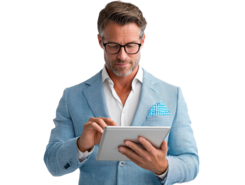 Businessman in Contemplation: A modern, stylish individual thoughtfully engages with a tablet device, exuding an air of focused concentration. He is dressed in a refined, tailored jacket.