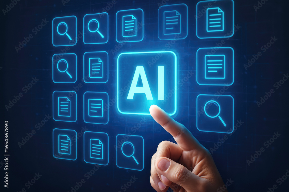 Aufkleber finger pressing ai button on digital interface with document and search icons artificial intelligenc