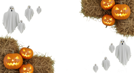Spooky Halloween scene with glowing jack-o'-lanterns and playful ghosts floating amidst hay bales, perfect for seasonal decorations and invitations.