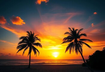 Vibrant sunset paints the sky orange and blue above silhouetted palm trees on a tranquil beach, hawaiian, restful
