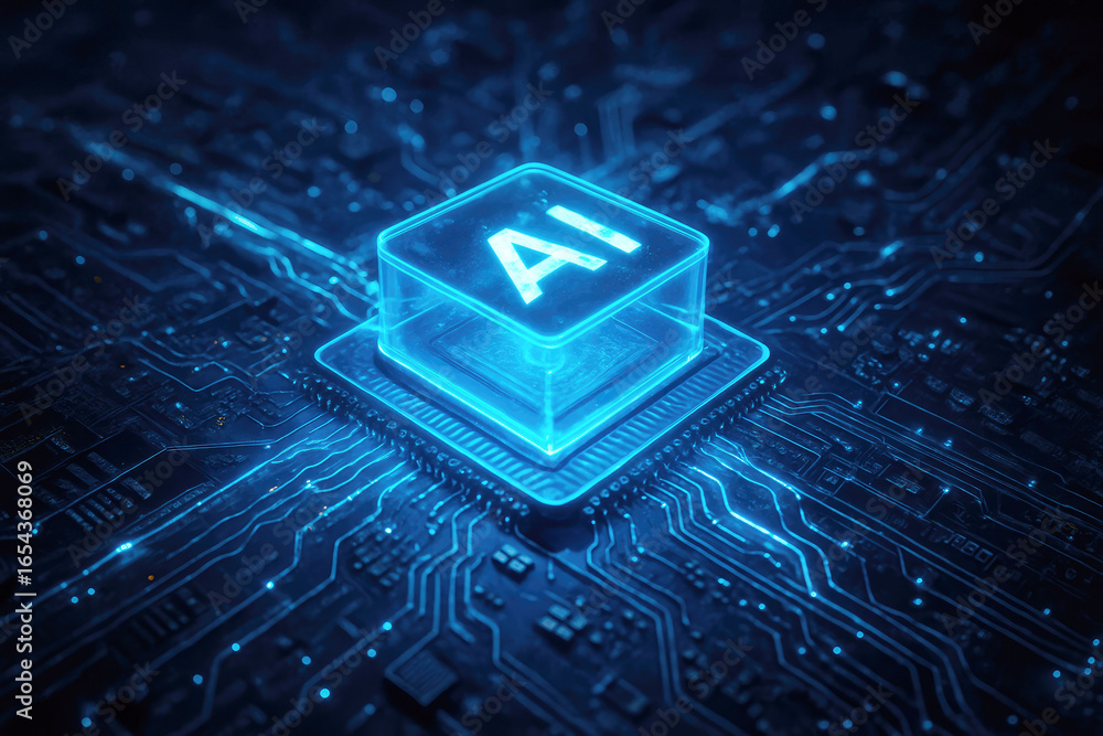 Aufkleber futuristic ai processor with glowing blue circuits and data streams artificial intelligence chip