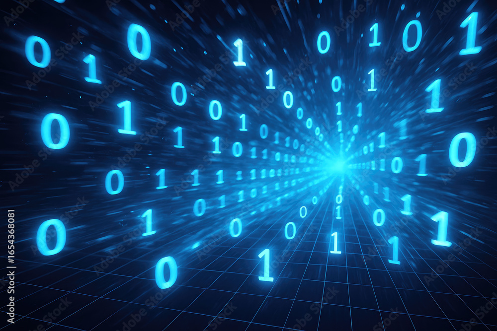 Poster futuristic blue binary code data stream tunnel with glowing numbers and grid perspective digital tec