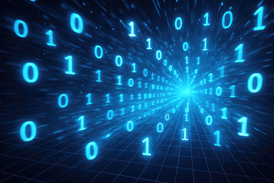 Futuristic blue binary code data stream tunnel with glowing numbers and grid perspective digital technology
