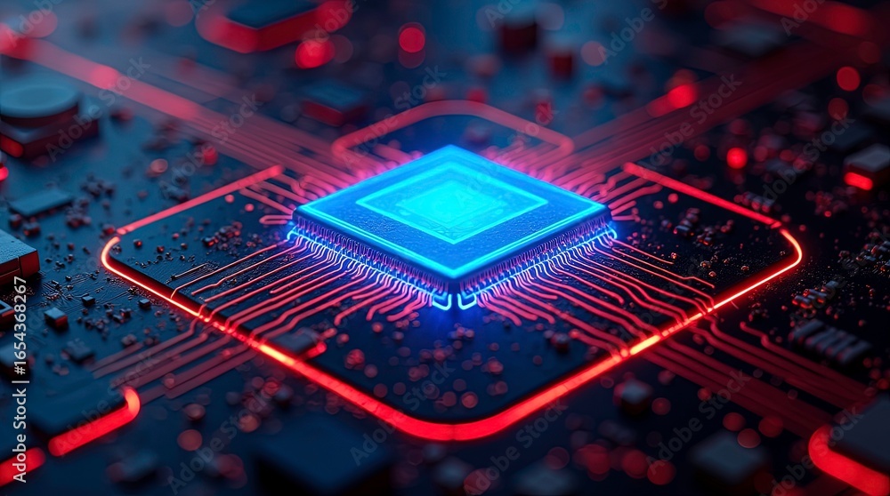 Aufkleber advanced electronic circuit board with a central microchip, glowing red trace and futuristic lightin