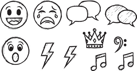 Hand-drawn doodle set with emoticons, speech bubbles, crown, and music notes, vector illustration