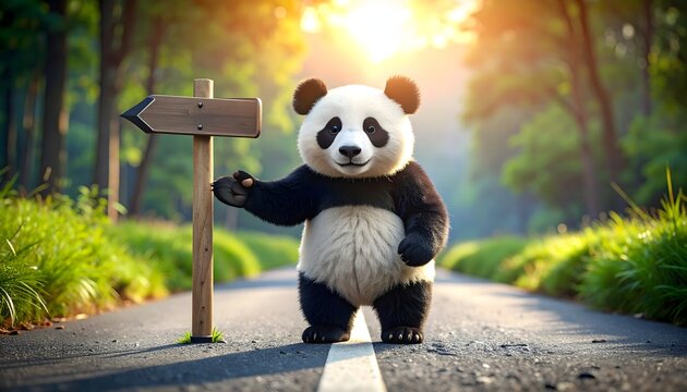 Sunrise trail panda guide &mdash; waving panda with wooden arrow sign on sunlit forest road (wayfinding mockup)