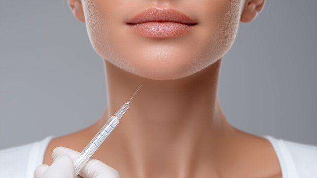 Botox injection at neck base with close up of syringe needle and smooth skin, showing cosmetic treatment and medical care for beauty enhancement