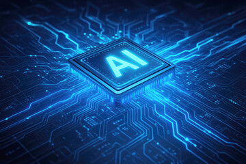 Glowing AI chip on a circuit board with blue digital light trails artificial intelligence processor