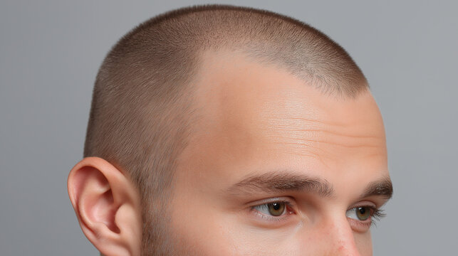 Close up of teenage boy scalp with short buzz cut hairstyle and clear skin, showing natural hair texture and calm expression on neutral gray background