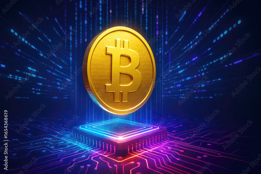 Aufkleber golden bitcoin coin on glowing cpu with digital data stream background cryptocurrency digital curren
