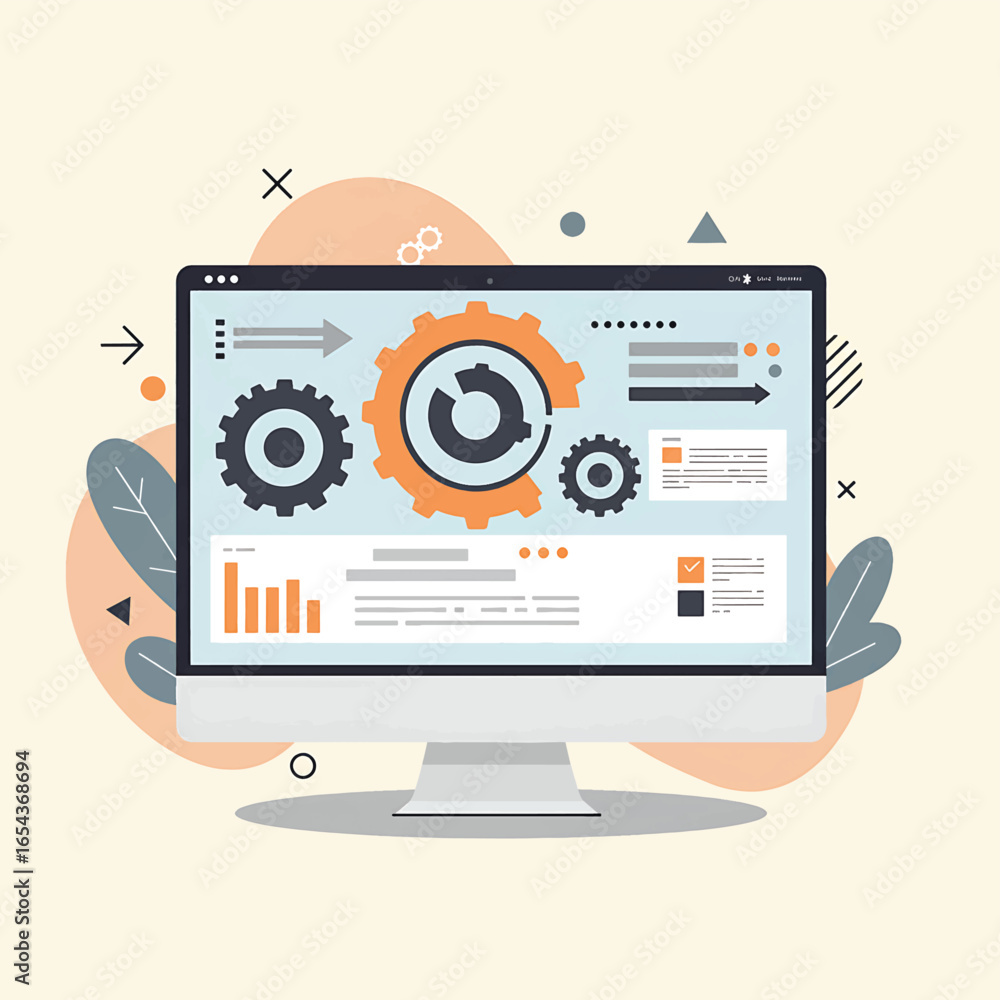 Fototapete flat lay image of a desktop computer displaying a process optimization infographic with gears, chart