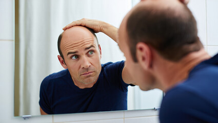 Obraz premium middle aged man looking at his bald head in the mirror, man's bald head 