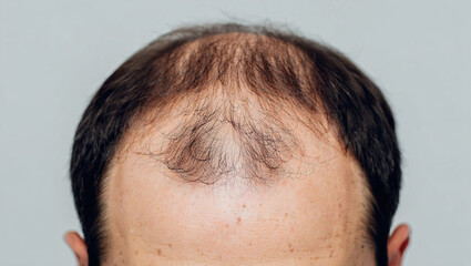 Obraz premium middle aged man looking at his bald head in the mirror, man's bald head 