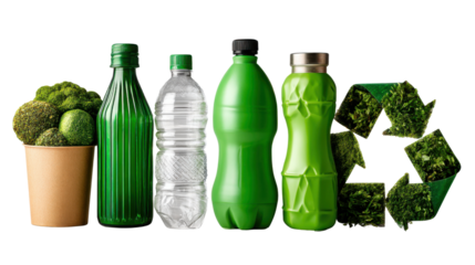 Eco-Friendly Embrace: A visually striking array of green bottles, vegetables, and a recycling symbol on a neutral background. It highlights a commitment to sustainability, healthy living.
