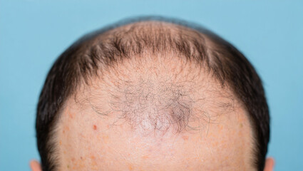 Obraz premium middle aged man looking at his bald head in the mirror, man's bald head 