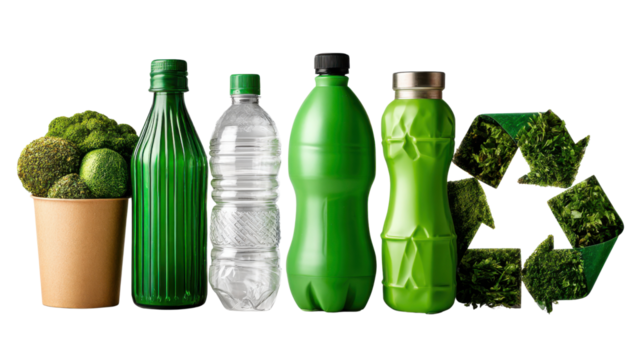 Eco-Friendly Embrace: A visually striking array of green bottles, vegetables, and a recycling symbol on a neutral background. It highlights a commitment to sustainability, healthy living.
