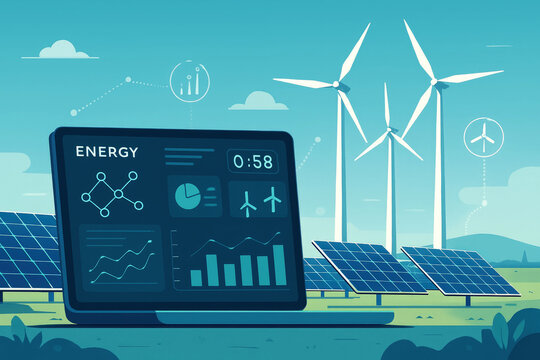 Laptop displaying energy analytics with solar panels and wind turbines in background renewable energy