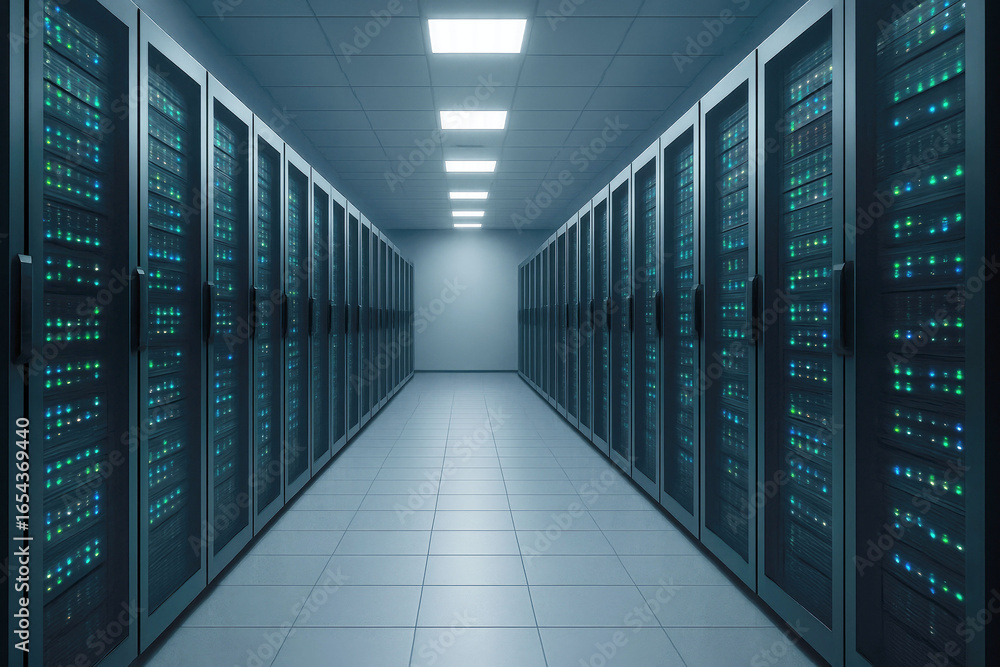 Poster long corridor lined with server racks in a data center server room servers