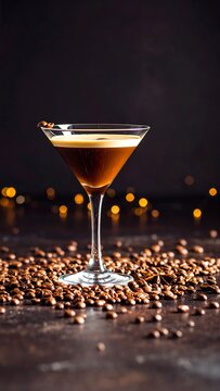 Dark cocktail in martini glass, coffee beans
