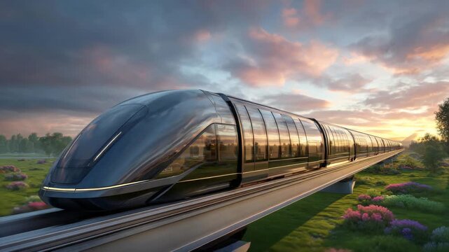 Futuristic high-speed train gliding at sunset