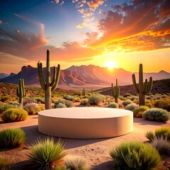 Desert sunrise scene with a circular platform