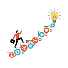 Business professional climbing stairs made of gears towards a glowing light bulb representing innovation and success