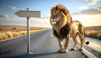 Highway sentinel lion &mdash; rim‑lit monarch beside blank arrow sign on open road at sunset (travel wayfinding mockup)