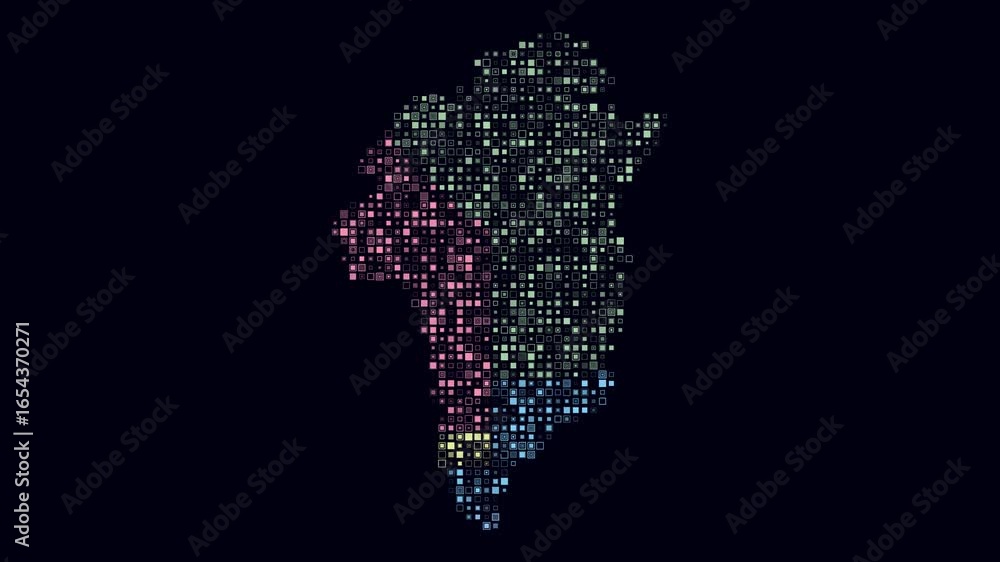 Poster greenland map animation. shape of the country with pulsating colored dots. small size square blocks.
